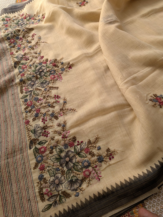 Handloom Linen Saree with French Knot Embroidery