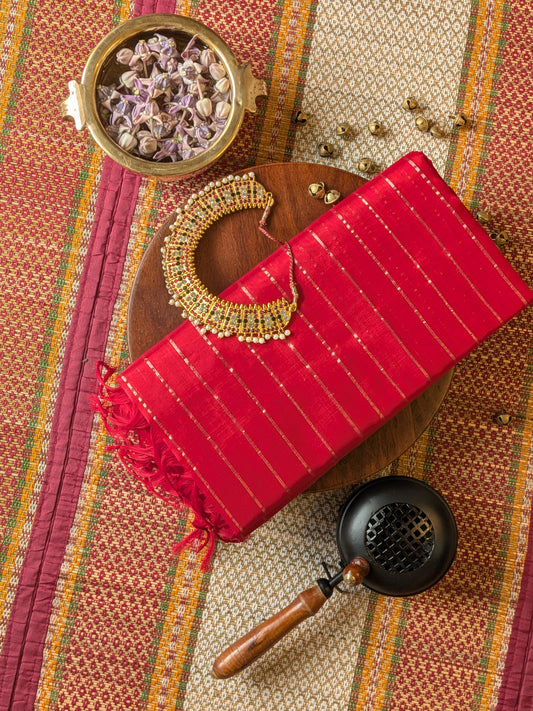 Paturu Pattu Dual Zari Metallic Stripes- Red