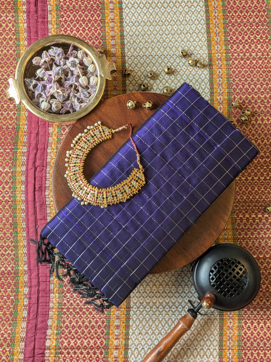 Paturu Pattu Checkered Borderless Saree- Royal Blue