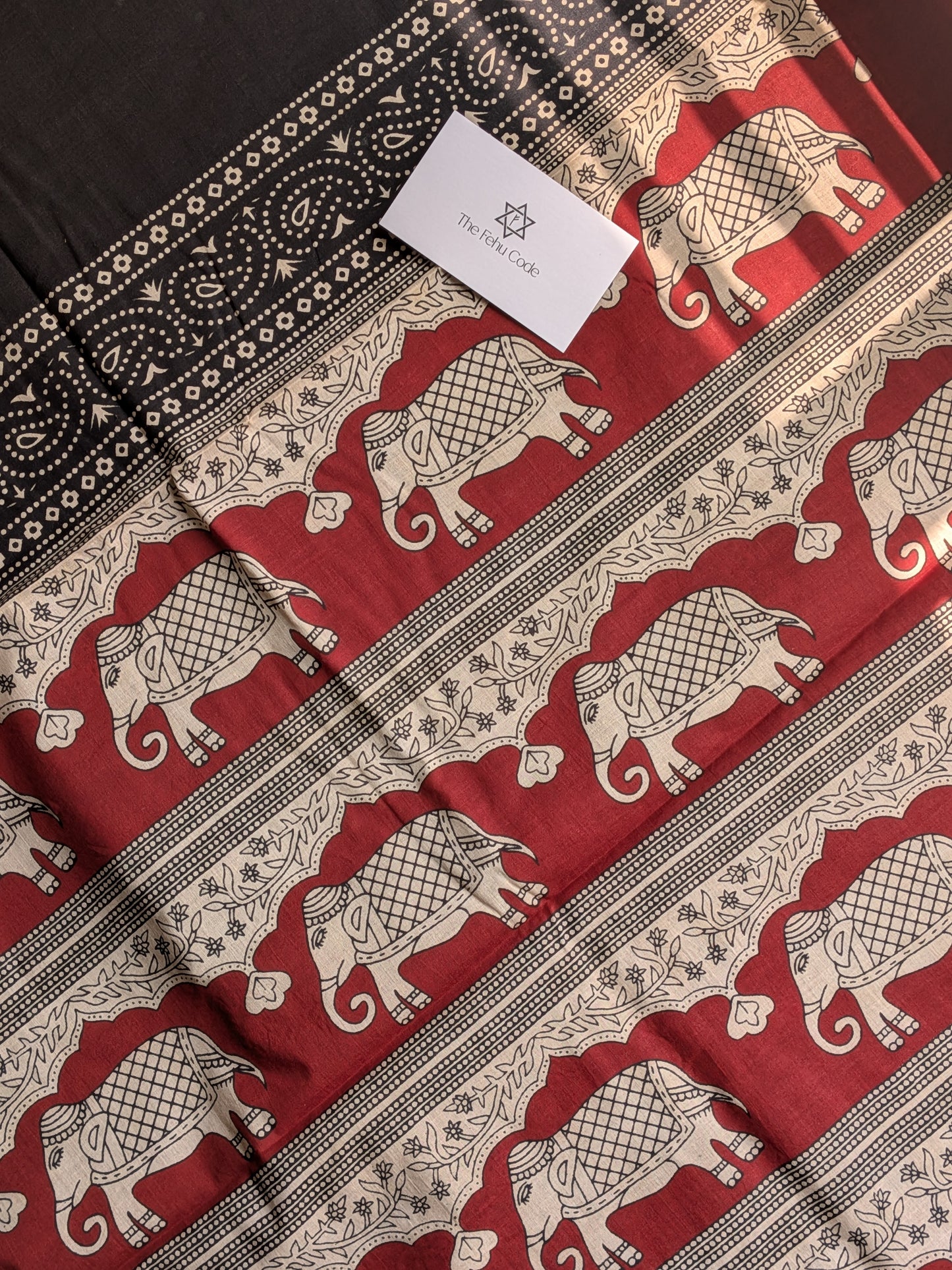 Bagru Hand Block Cotton Saree- Elephant Border