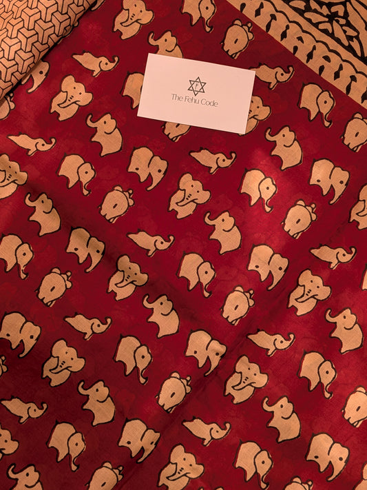 Bagru Hand Block Cotton Saree- Elephant