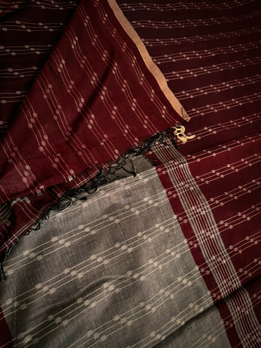 Calcutta Soft Jamdani Maroon and Grey Saree