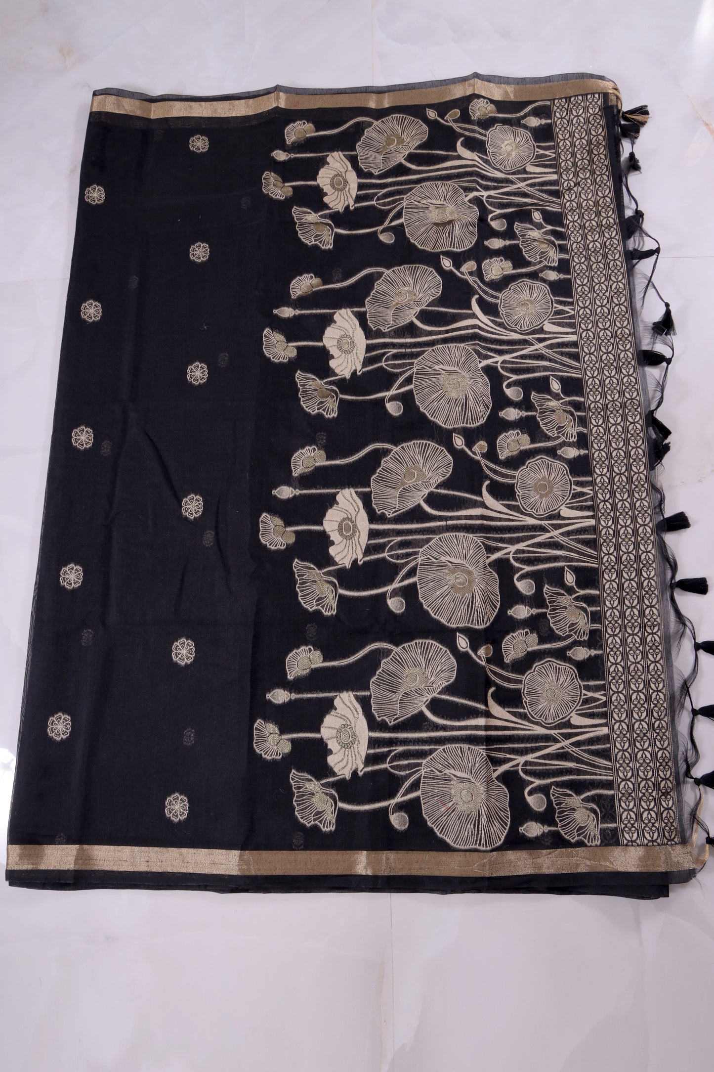 Black Floral Munga Cotton Saree