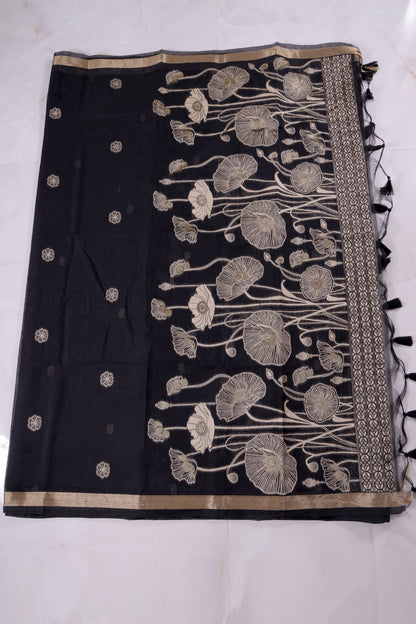 Black Floral Munga Cotton Saree