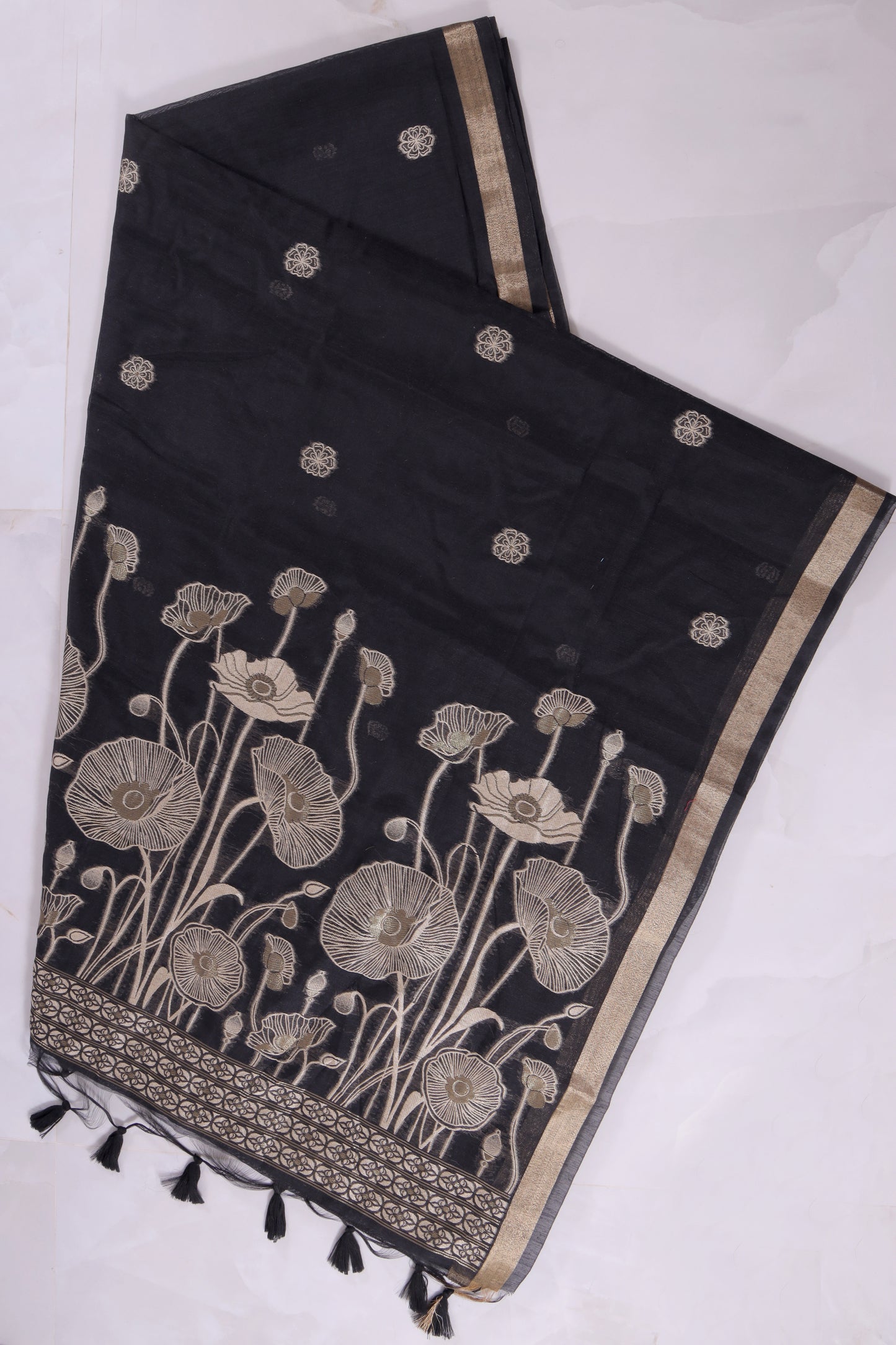 Black Floral Munga Cotton Saree