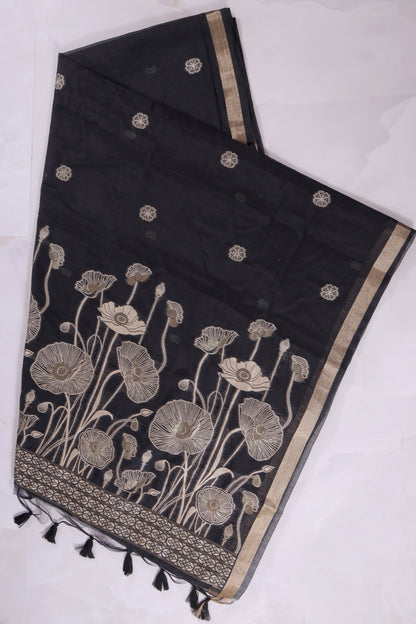Black Floral Munga Cotton Saree