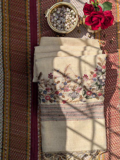 Handloom Linen Saree with French Knot Embroidery