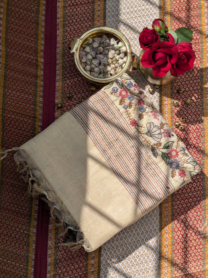 Handloom Linen Saree with French Knot Embroidery