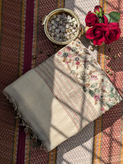 Handloom Linen Saree with French Knot Embroidery