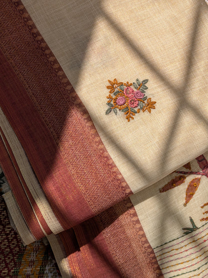 Handloom Linen Saree with French Knot Embroidery- 2
