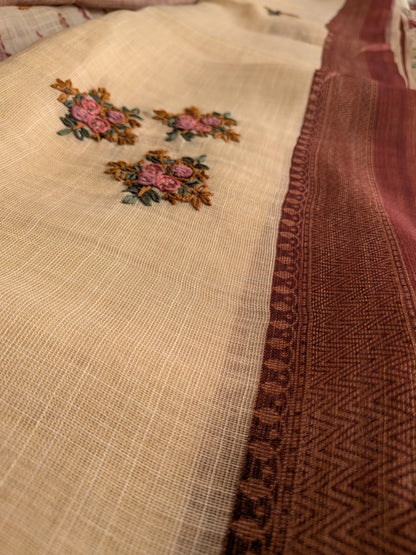 Handloom Linen Saree with French Knot Embroidery- 2