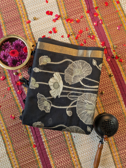 Black Floral Munga Cotton Saree