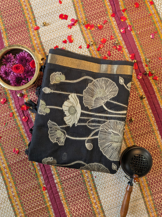 Black Floral Munga Cotton Saree
