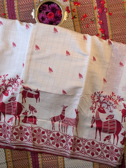 Munga Cotton Saree with Deer and Bird Motifs