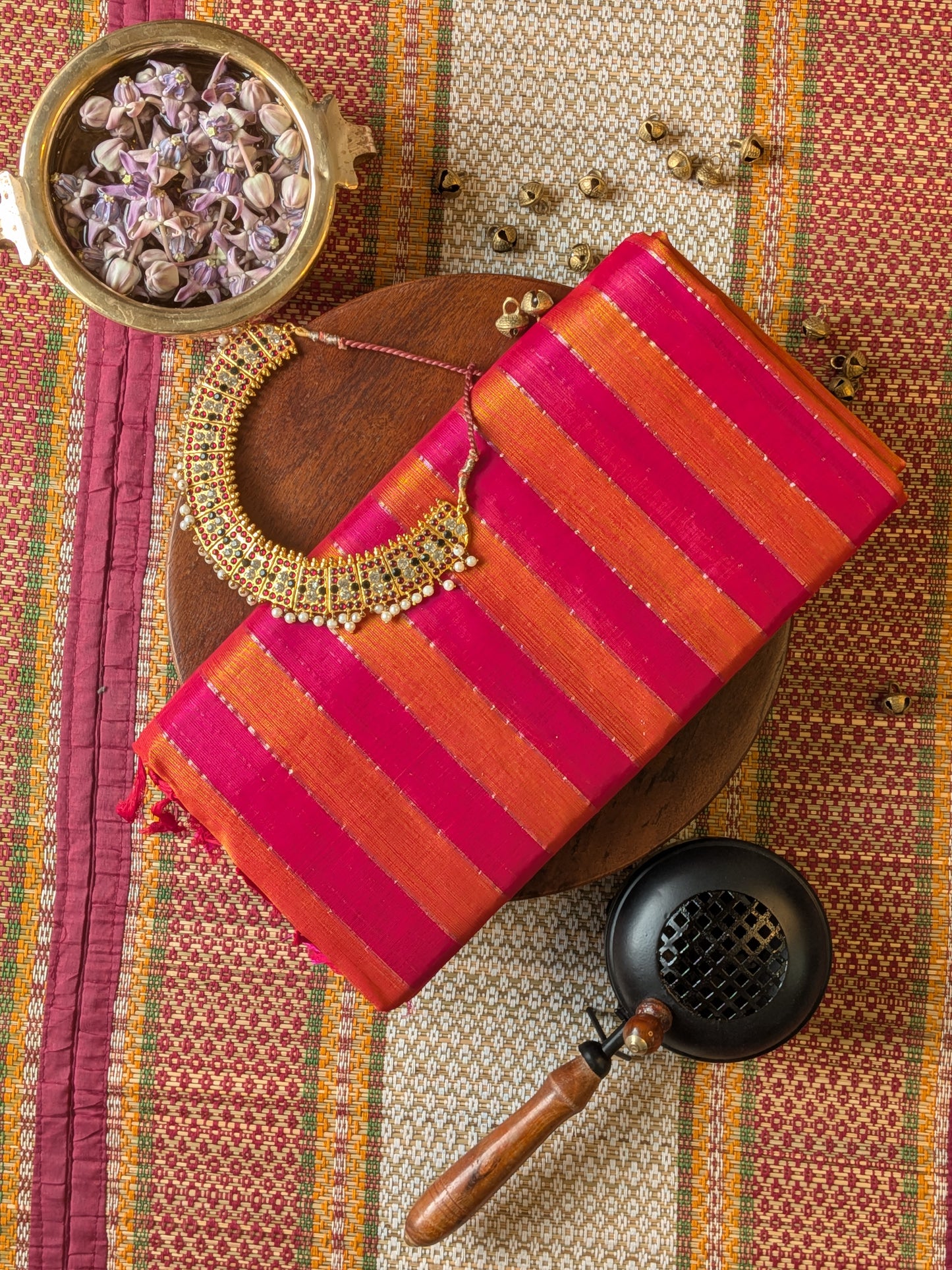 Paturu Pattu Dual Zari Metallic Stripes- Ochre Yellow & Pink