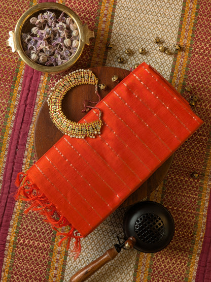 Paturu Pattu Dual Zari Metallic Stripes- Orange