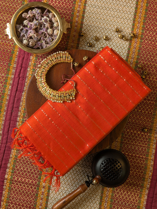 Paturu Pattu Dual Zari Metallic Stripes- Orange