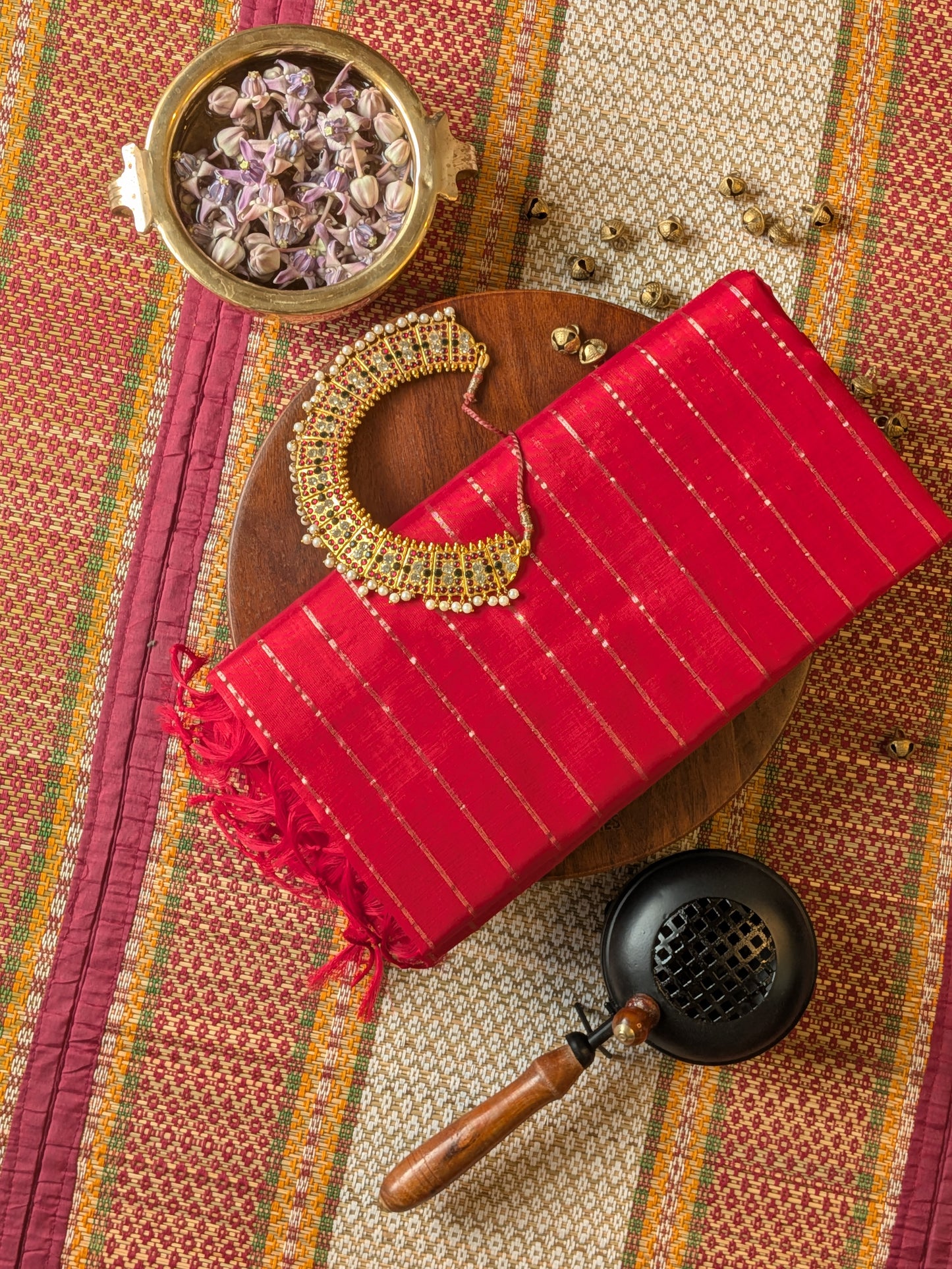 Paturu Pattu Dual Zari Metallic Stripes- Red