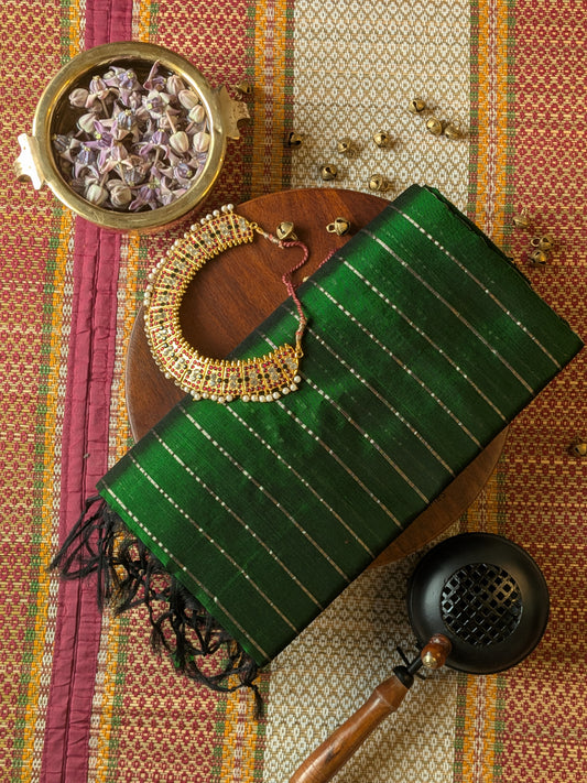 Paturu Pattu Dual Zari Metallic Stripes- Bottle Green