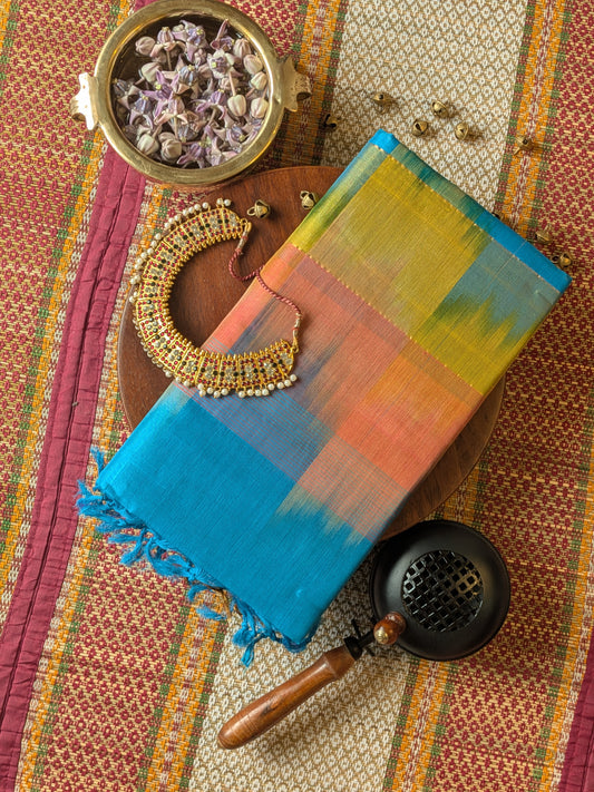 Paturu Ikkat 3 Colour Saree- Blue, Orange, Yellow