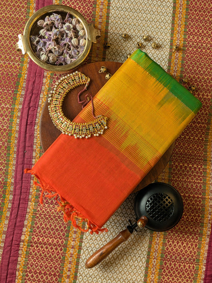 Paturu Ikkat 3 Colour Saree- Orange, Green, Yellow