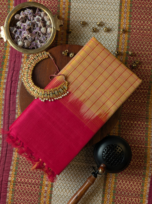 Paturu Pattu Jumping Checks Saree- Yellow & Pink