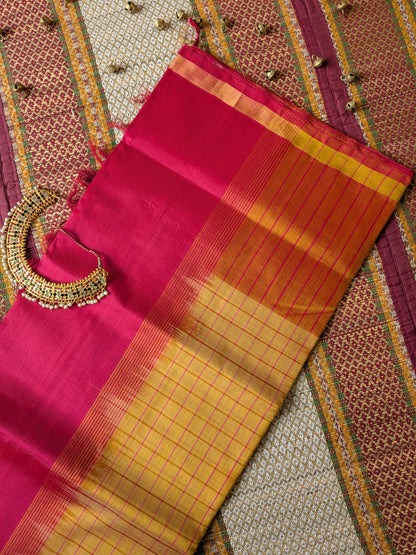 Paturu Pattu Jumping Checks Saree- Yellow & Pink