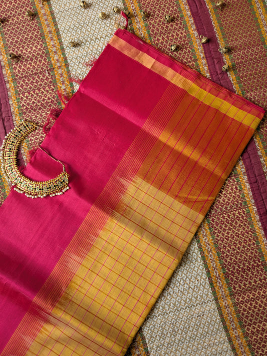 Paturu Pattu Jumping Checks Saree- Yellow & Pink