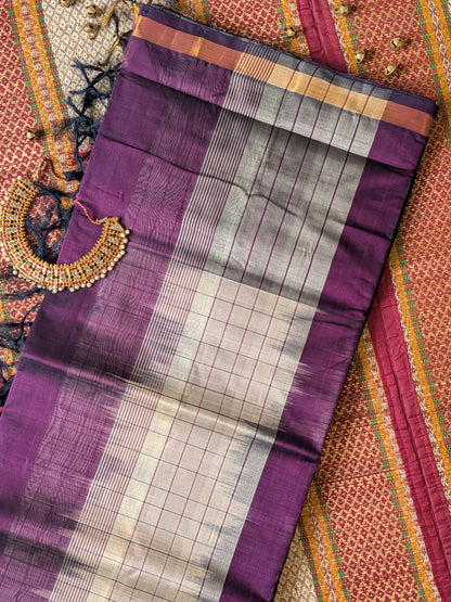 Paturu Pattu Jumping Checks Saree- Purple & Off- white