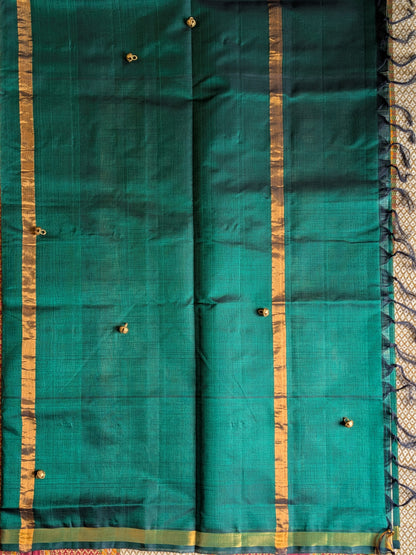 Paturu Pattu Jumping Checks Saree- Bottle Green & Off- white