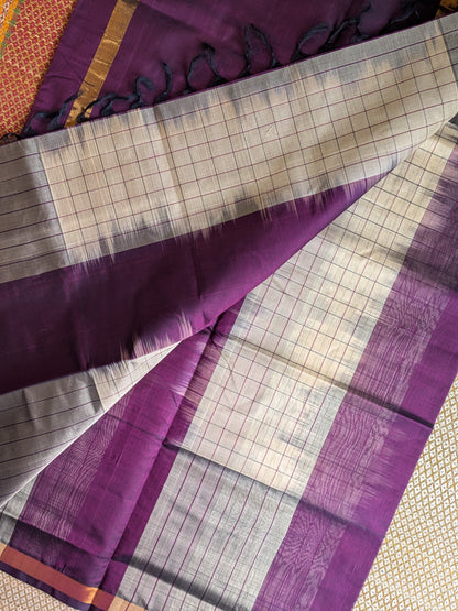 Paturu Pattu Jumping Checks Saree- Purple & Off- white
