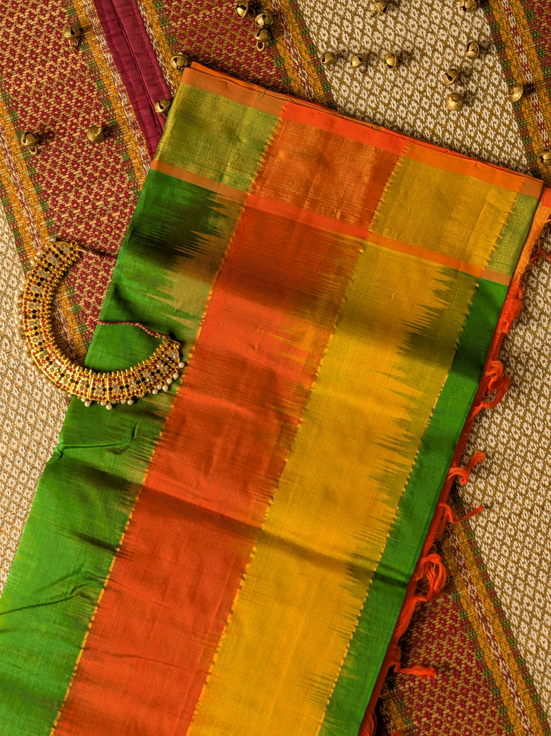 Paturu Ikkat 3 Colour Saree- Orange, Green, Yellow