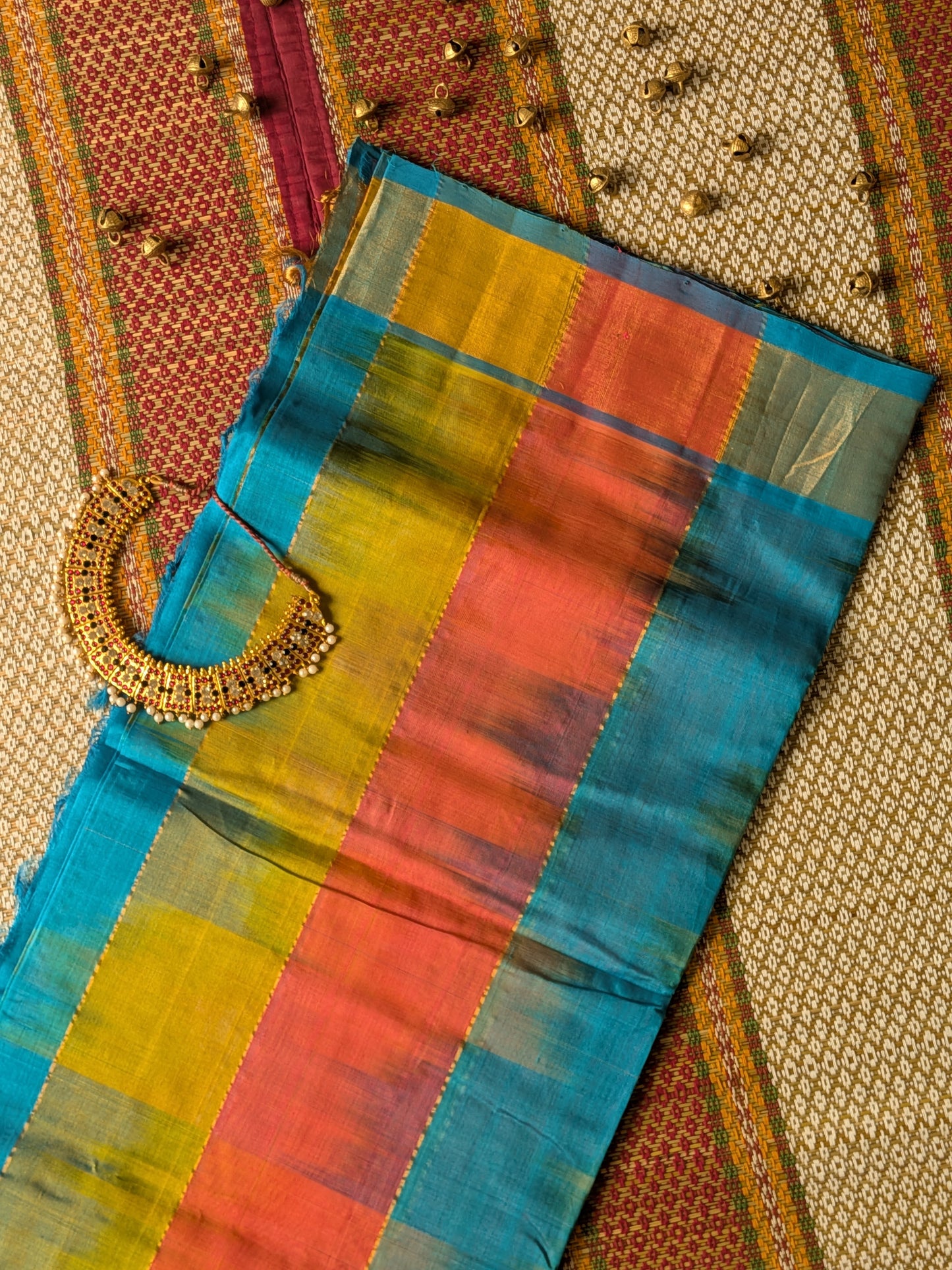 Paturu Ikkat 3 Colour Saree- Blue, Orange, Yellow