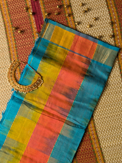 Paturu Ikkat 3 Colour Saree- Blue, Orange, Yellow