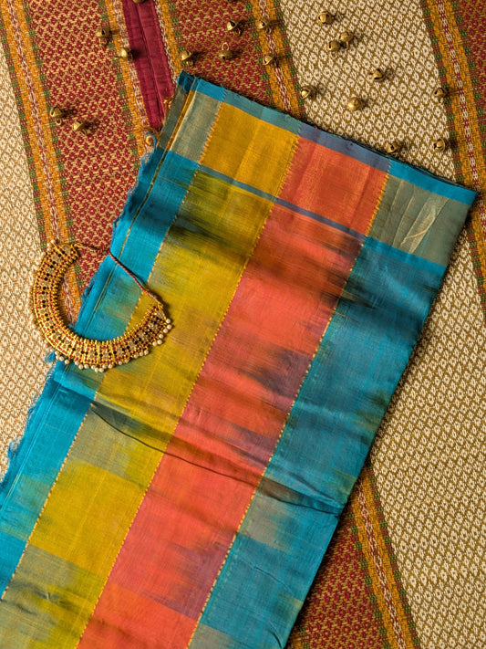 Paturu Ikkat 3 Colour Saree- Blue, Orange, Yellow