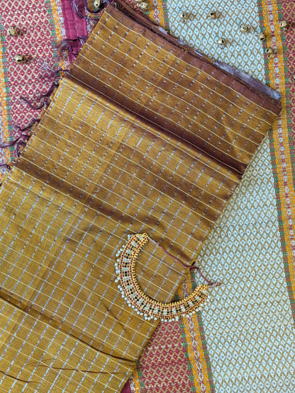 Paturu Pattu Checkered Borderless Saree- Tissue Gold