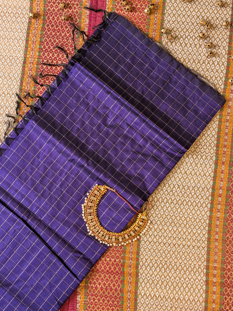 Paturu Pattu Checkered Borderless Saree- Royal Blue