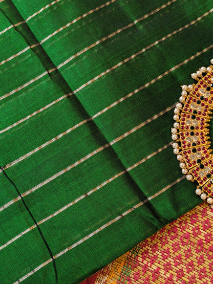 Paturu Pattu Dual Zari Metallic Stripes- Bottle Green