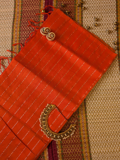 Paturu Pattu Dual Zari Metallic Stripes- Orange