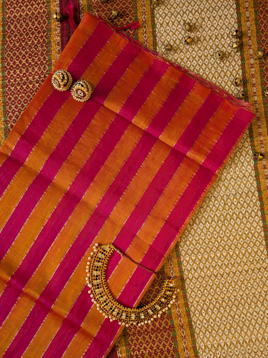 Paturu Pattu Dual Zari Metallic Stripes- Ochre Yellow & Pink
