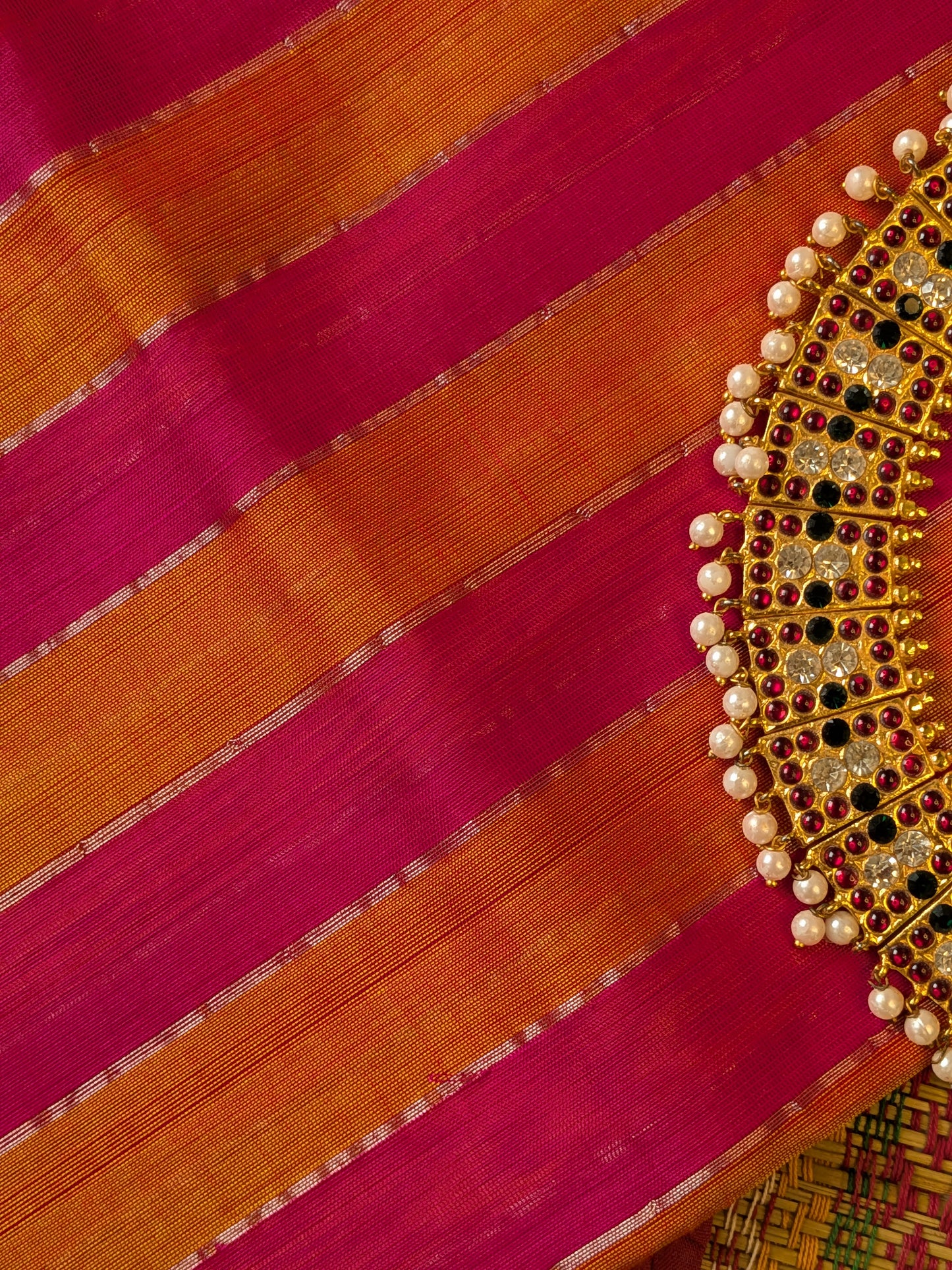 Paturu Pattu Dual Zari Metallic Stripes- Ochre Yellow & Pink