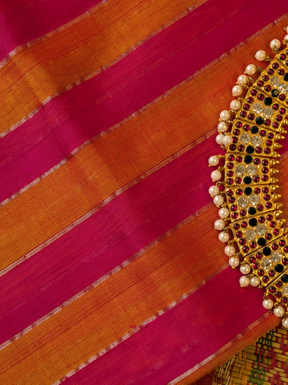 Paturu Pattu Dual Zari Metallic Stripes- Ochre Yellow & Pink