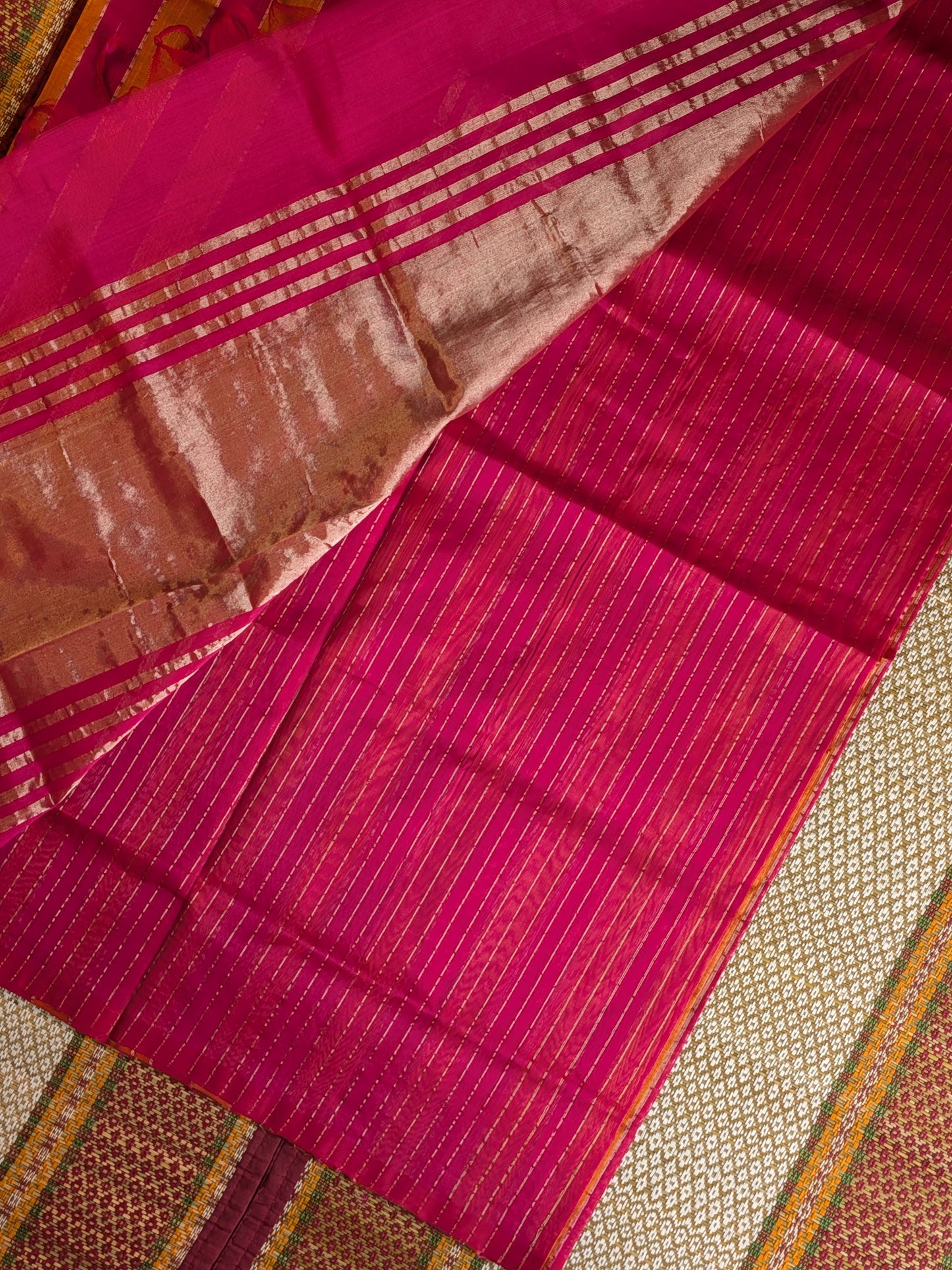 Paturu Pattu Dual Zari Metallic Stripes- Ochre Yellow & Pink