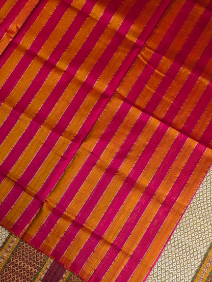 Paturu Pattu Dual Zari Metallic Stripes- Ochre Yellow & Pink