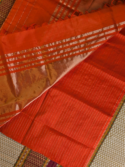 Paturu Pattu Dual Zari Metallic Stripes- Orange