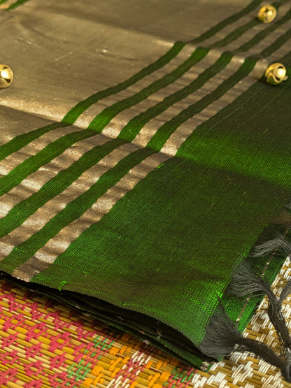 Paturu Pattu Dual Zari Metallic Stripes- Bottle Green