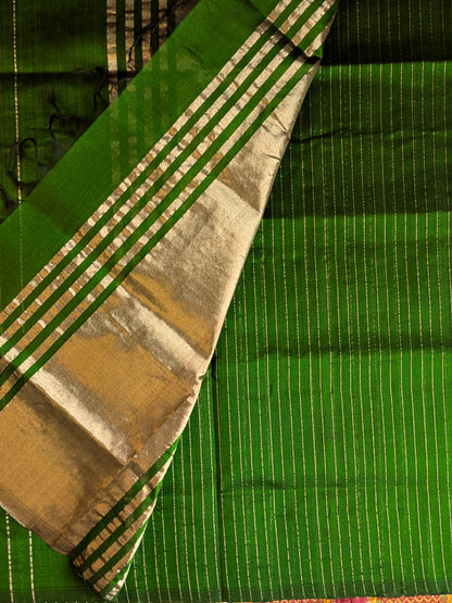 Paturu Pattu Dual Zari Metallic Stripes- Bottle Green