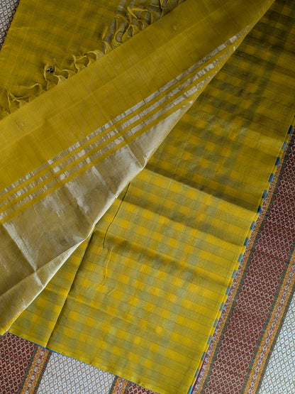 Paturu Pattu Checkered Borderless Saree- Sky blue & Yellow