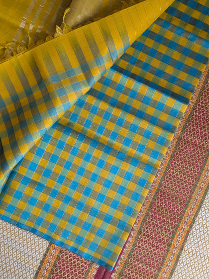Paturu Pattu Checkered Borderless Saree- Sky blue & Yellow