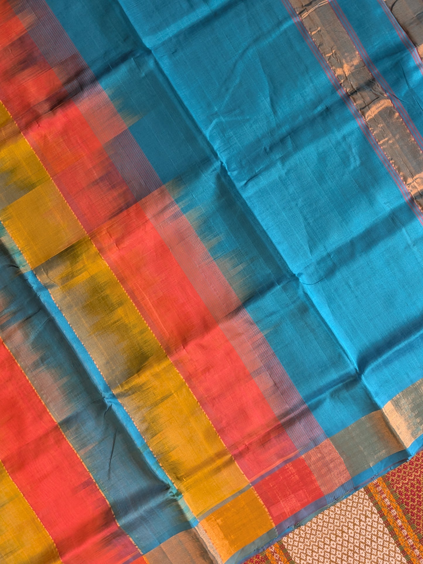 Paturu Ikkat 3 Colour Saree- Blue, Orange, Yellow